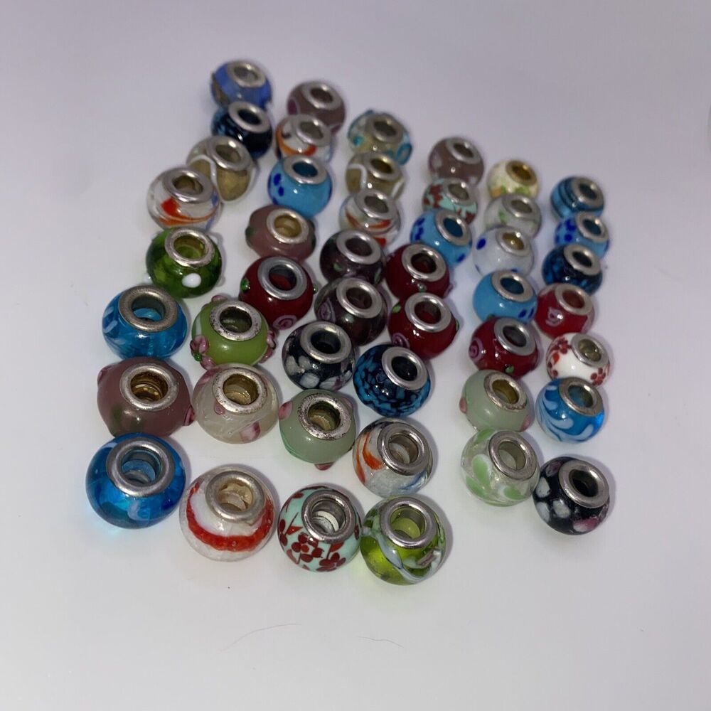 Metal Vintage Murano Style Bead Charm 1/2” Lot Glass Ceramic Painted Marble